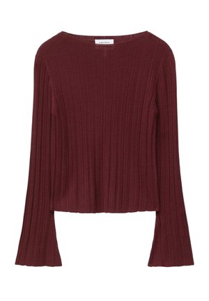 Maroon ribbed long-sleeve top with a boat neckline and flared sleeves. Soft texture, cropped length, and minimalistic design details.