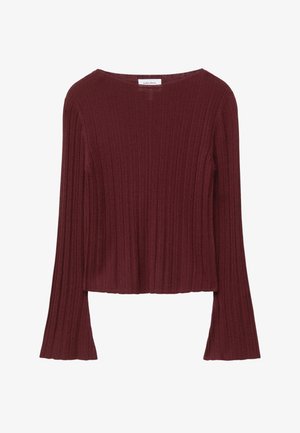 Bordeauxfarbene, gerippte Longsleeve-Bluse mit einem Bootsausschnitt und ausgestellten Ärmeln. Weicher Stoff, cropped Länge und minimalistische Designdetails.