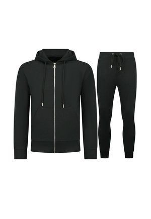 Zwarte hoodie met rits en voorzakken en bijpassende zwarte joggingbroek met aantrekkoord in de taille en geribde enkels.