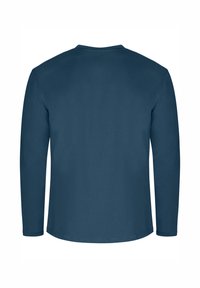 Langarmshirt in Dunkelblau, aus glattem Stoff, mit Rundhalsausschnitt und präzisen Nähten an den Ärmeln und dem Saum.