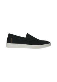 Zwarte nubuck instapschoenen met een witte rubberen zool, voorzien van een ronde neus en contrasterende stiksels aan de zijkant.