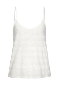 White sleeveless tank top with a v-neckline, made of lightweight, textured fabric. Features thin straps and a relaxed fit.