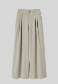 Pantalon large beige clair avec un motif à carreaux subtil, taille haute, plis et fermeture à bouton doré à l'avant.