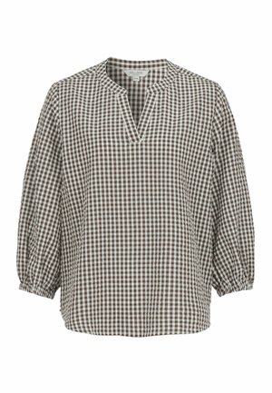 Brun och vit gingham-rutigt blus med trekvartsärmar med elastik och delad V-ringning collar.
