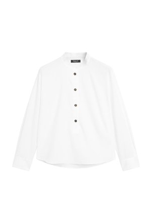 Hvid langærmet skjorte lavet af glat stof har en rund halsudskæring, knaplukning med mørke knapper og manchetter.