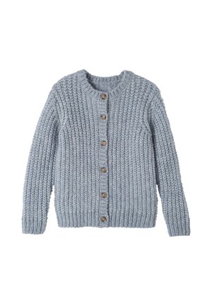 Light blue knitted cardigan with a textured pattern, round neckline, and wooden buttons down the front. Long sleeves and ribbed hem.