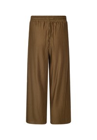 Brown pleated wide-leg pants with an elastic waistband and a textured material, featuring vertical stripes throughout the fabric.