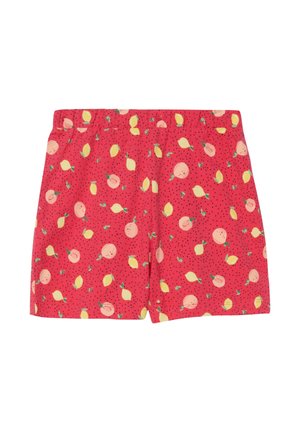 Czerwone szorty z elastycznym pasem, ozdobione żółtymi cytrynami i różowymi brzoskwiniami, rozsypane wraz z małymi czarnymi kropkami.