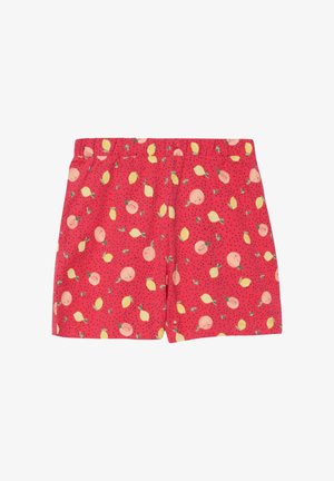 Short rouge à taille élastique, décoré de citrons jaunes et de pêches roses éparpillés avec de petits points noirs.