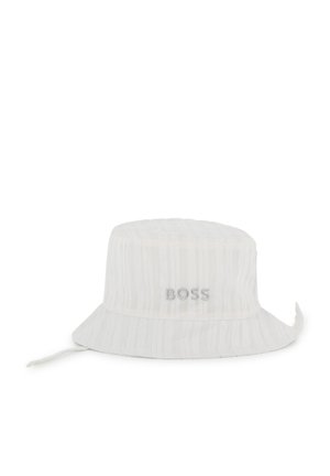 Chapeau bob à rayures blanches en tissu, avec une calotte ronde et un large bord, orné d'un logo "BOSS" brodé en argent.