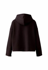 Gekürzte schwarze Kapuzenjacke mit weichem Material, langen Ärmeln und Kordelzugkapuze. Hat ein schlichtes Design ohne sichtbare Logos oder Muster.