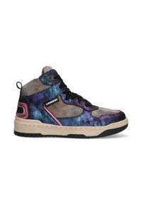High-top sneakers feature a multicolor metallic fabric with blue, purple, and pink accents, black laces, and a textured sole.
