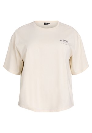T-shirt en coton de couleur crème avec une coupe décontractée, des manches courtes et un col rond. Présente un petit texte imprimé sur la zone du côté gauche de la poitrine.