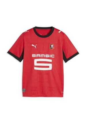 Czerwona koszulka piłkarska z krótkim rękawem z czarnym kołnierzykiem i krawędziami rękawów, logo Puma, herb Stade Rennais oraz biały napis sponsora Samsic.