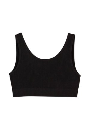 Brassière en tissu côtelé noir avec un large décolleté arrondi et une large bande sous la poitrine. Design simple et sans coutures, sans fermetures ni accents supplémentaires.