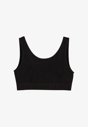 Brassière en tissu côtelé noir avec un large décolleté arrondi et une large bande sous la poitrine. Design simple et sans coutures, sans fermetures ni accents supplémentaires.