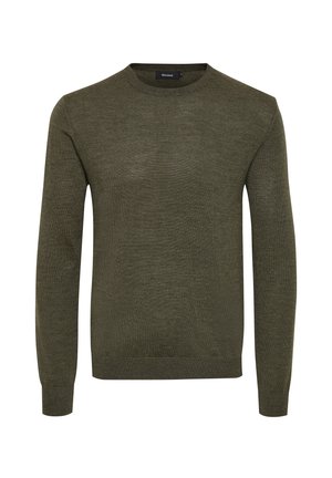 Olivenfarget genser laget av et mykt, strukturert stoff. Har en rund halslinning og lange ermer med ribbestrikkede mansjetter og hem.
