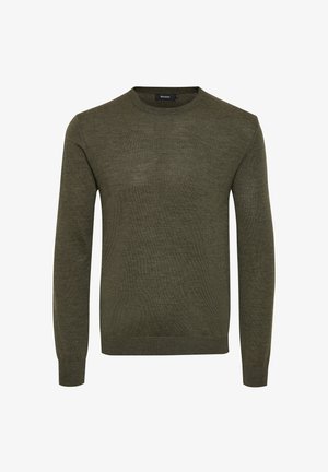 Olivenfarget genser laget av et mykt, strukturert stoff. Har en rund halslinning og lange ermer med ribbestrikkede mansjetter og hem.