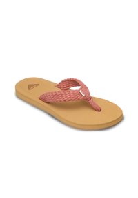 Ροζ πλεκτό λουρί για σαγιονάρα με βάση από καφέ αφρό. Το πάνω μέρος διαθέτει υφασμάτινη υφή, ενώ η σόλα είναι ελαφρώς ανυψωμένη με λείο φινίρισμα.