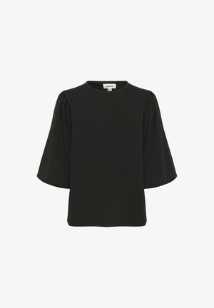 Schwarzes Kurzarmoberteil mit rundem Ausschnitt und puffartigen Ärmeln. Hergestellt aus weichem Stoff, mit einem lockeren Schnitt und subtiler Struktur.