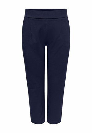 Marineblå, korte, smale bukser med en tilpasset linning og diskrete fremre folder, designet for kvinner.