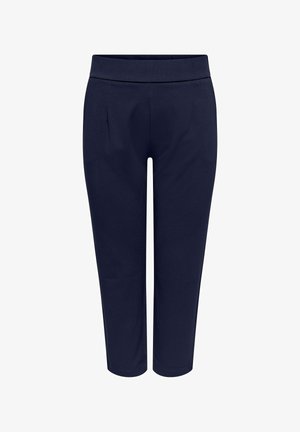 Skrajšane ženskih hlače mornarsko modre barve z ohlapnim pasom in subtilnimi sprednjimi gubami, zasnovane za ženske.