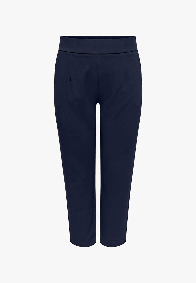 Marineblå, korte, smale bukser med en tilpasset linning og diskrete fremre folder, designet for kvinner.