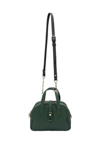 Borsa strutturata verde con doppi manici, tracolla nera regolabile e accenti in argento. Materiale liscio con chiusura a zip e un robusto gancio.