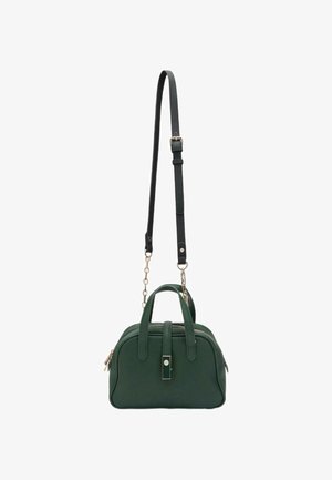 Grøn struktureret håndtaske med dobbelt håndtag, justerbar sort rem og sølvdetaljer. Glat materiale med lynlås og en fremtrædende lukning.