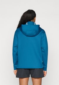 Blue hooded sweatshirt with a soft texture, featuring a kangaroo pocket and adjustable drawstrings. Worn with black mesh shorts.