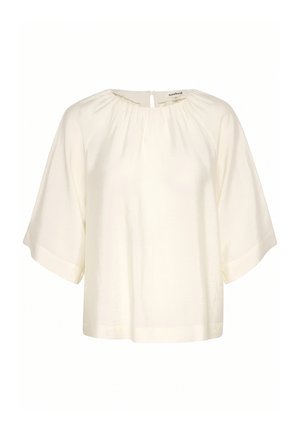 Kremkrāsas blūze ar platām īsām piedurknēm, savākta apaļa dekoltē un mazs aizdare aizmugurē ar pogu.