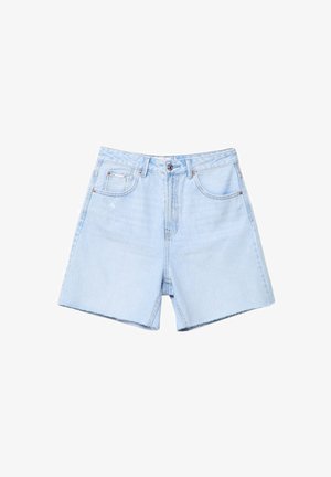 Vaaleansiniset farkkushortsit, joissa on korkea vyötärö, tasainen etuosa, viisi taskua ja raidanreunus. Kangas on hieman kulunut ja siinä on hienovaraista haalistumista.