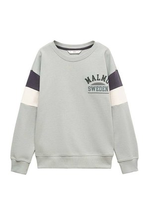 Hellgraues Sweatshirt mit Rundhalsausschnitt, dunklen und weißen Streifen an den Ärmeln und dem Schriftzug "MALMÖ SCHWEDEN" auf der linken Brust.