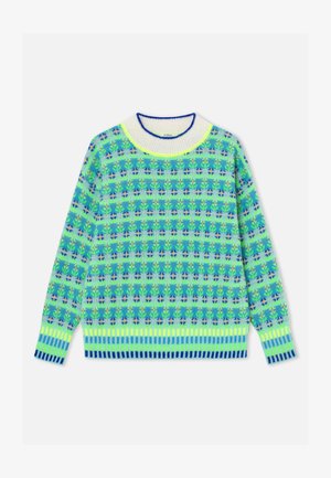 Long-sleeve knit sweater with blue, green, and yellow floral pattern, ribbed cuffs, hem, and white collar with blue trim.