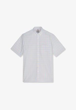 Overhemd met korte mouwen en knoopsluiting, met lichtblauw, oranje en wit ruitpatroon en een button-down kraag.