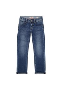 Blå denimjeans med rak skärning, som har en knäppning med knapp, fem fickor och en något blekt finish. Rullad fålldetalj.