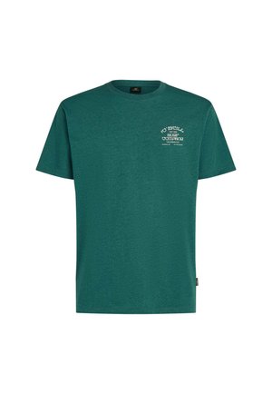 Türkisfarbenes Baumwoll-T-Shirt mit Rundhalsausschnitt, kurzen Ärmeln und weißem Logo auf der linken Brust. Weiche Textur und reguläre Passform.