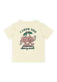 Krämfärgad bomulls-T-shirt med en cartoon-design av två rosa körsbär med armar, texten "I LOVE YOU cherry much" ovanför dem.