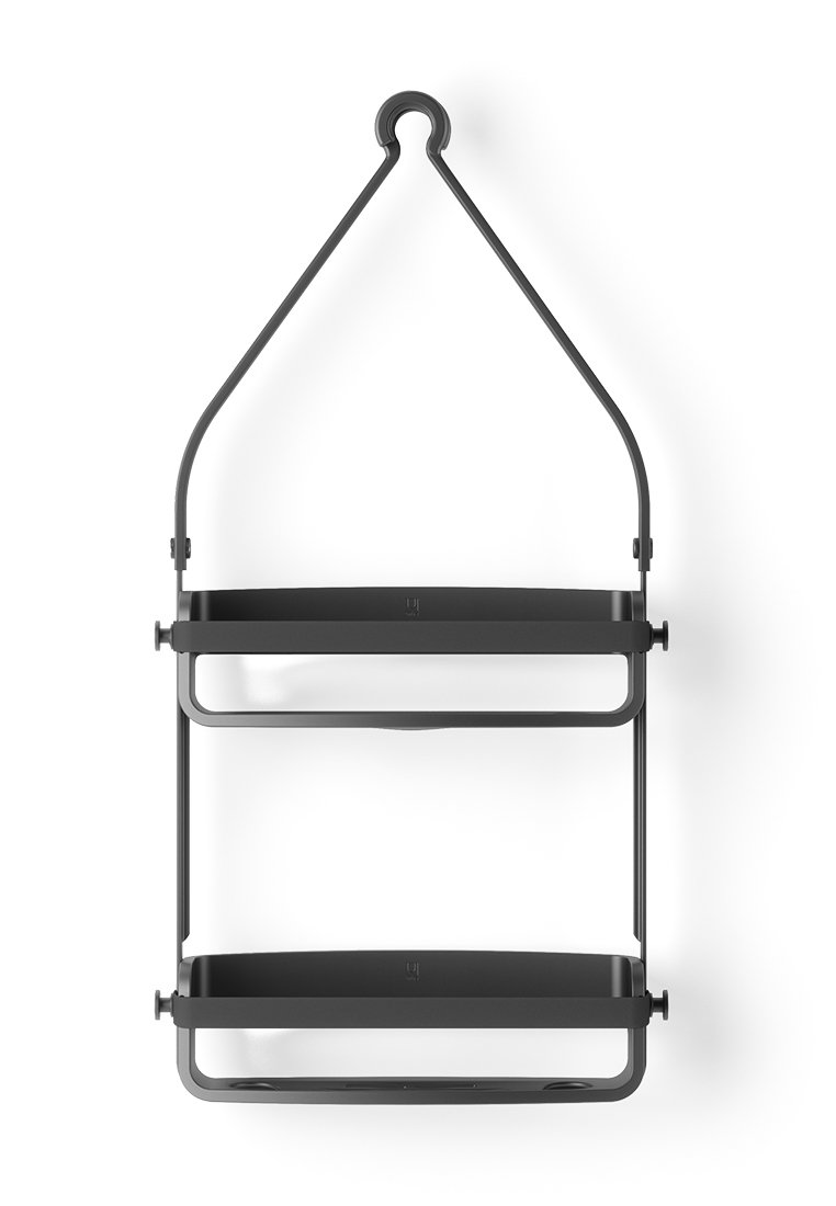 Zweistufiges Wandregal mit einem gebogenen Metallhaken zum Aufhängen. Verfügt über eine elegante schwarze Oberfläche, glatte Flächen und ein minimalistisches Design.