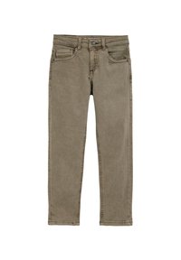 Khaki bomuldsjeans med fem-lomme-design, knaplukning og lige ben pasform. Blød tekstur, minimal falmen og robust syning.