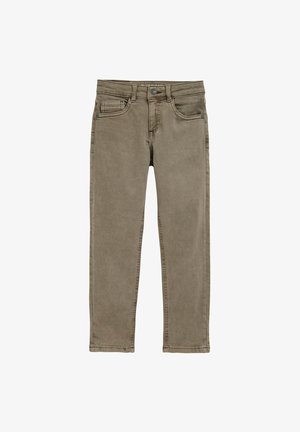 Khaki pamut farmer öt zsebes kialakítással, gombos záródással és egyenes szárú szabással. Puha tapintású, minimális kifakulású és masszív varrással készült.