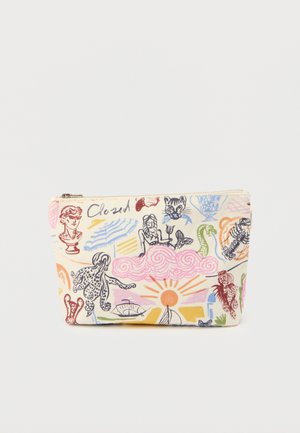 Płócienna saszetka na zamek z wielobarwnymi ilustracjami przedstawiającymi posągi, chmury, zwierzęta oraz elementy nautyczne na kremowym tle.