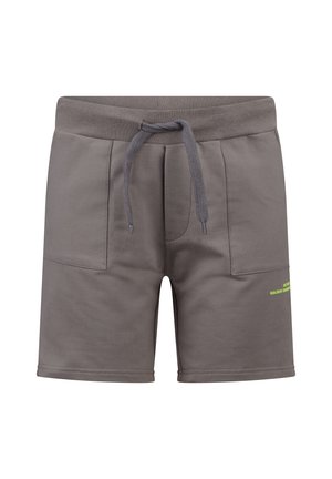 Shorts en mélange de coton gris avec une ceinture élastique, cordon de serrage réglable, deux poches latérales et un petit détail logo néon vert.