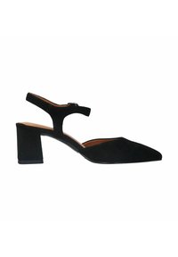 Chaussures slingback en daim noir avec un bout pointu et un talon ouvert. Elles présentent un talon carré et une sangle ajustable à la cheville pour un maintien sécurisé.