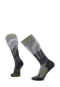 Calcetines hasta la rodilla hechos de una mezcla de materiales grises y negros con acentos verdes, patrones a rayas y paneles texturizados.