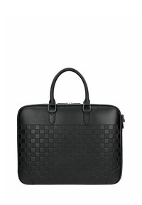 Valigetta in pelle nera con texture intrecciata sul fronte, lati lisci, doppio manico e chiusura con zip. Ha una forma rettangolare e pochi dettagli.