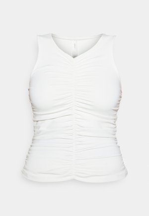 Top bianco senza maniche con dettagli arricciati lungo il davanti e i lati. Tessuto morbido e liscio; scollatura a V; silhouette aderente.