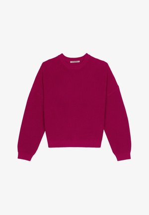 Magenta ribbed knit sweater with a round neckline, dropped shoulders, and long sleeves. The hem is cropped, showcasing a textured fabric.