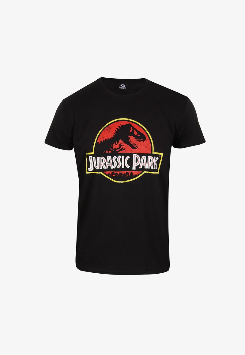 Camiseta de algodón negra con un logo de Jurassic Park en rojo y amarillo que presenta la silueta de un dinosaurio. Cuello redondo clásico y mangas cortas.