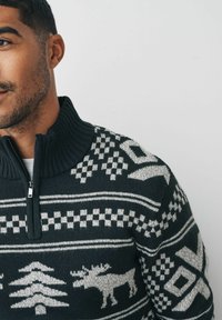 Dunkelgrüner Reißverschluss-Pullover mit hohem Kragen, der hellgraue geometrische Muster sowie Motive von Bäumen und einem Elch über die Brust zeigt.